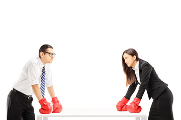 Two angry businesspeople with boxing gloves having an argument