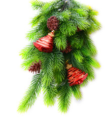 Christmas decorations on fir tree, isolated on white