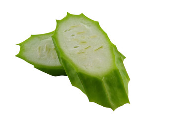 green zucchini slices on a white background - obrazy, fototapety, plakaty