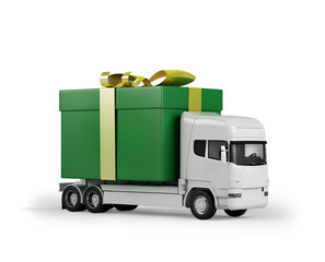 Isolated shipping truck, delivering a big green present