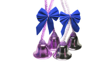 Four real christmas bells with blue ribbon