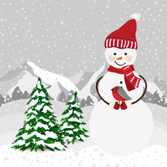 Snowman with bird in winter forest in vector