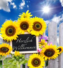 Herzlch Willkommen :) Schiefertafel und Sonnenblumen
