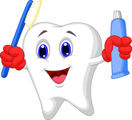 Tooth cartoon holding toothbrush and toothpaste