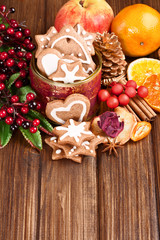 Christmas homemade gingerbread cookies,spice and decoration over