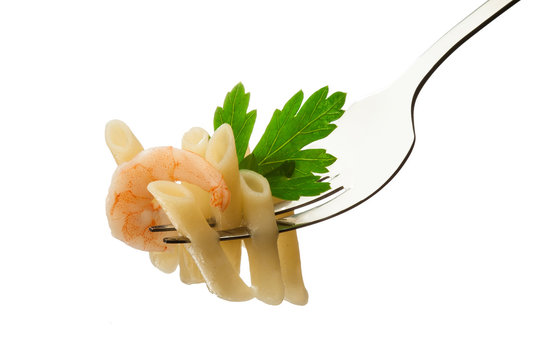 Pasta And Shrimp On Fork Isolated