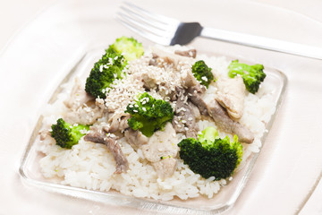 pork meat with broccoli and rice