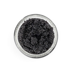Black caviar in a glass jar. Top view isolated on white - obrazy, fototapety, plakaty