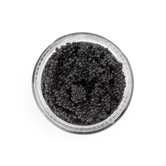 Poster Black caviar in a glass jar. Top view isolated on white © evannovostro