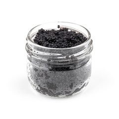 Fototapeta na wymiar Black caviar in a glass jar isolated on white background