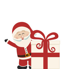 santa claus wave behind christmas gift isolated