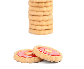 Stack of biscuits with red jam.