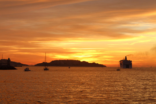 Cruise Ship In Port Of Marseille At Sunset - France