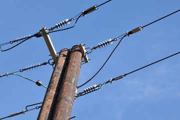 Wooden electric pole with power line