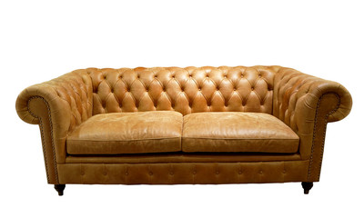 Brown luxurious sofa isolated on white background, front view.