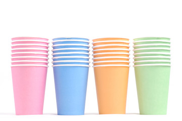 stack of colorful recycling paper glass on white background