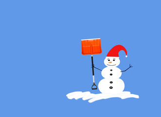 Snowman with red hat and shovel