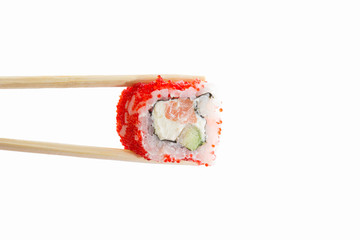 sushi roll with red caviar isolated on white background