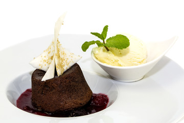 poppy seed dessert with ice cream on white background