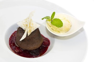 poppy seed dessert with ice cream on white background