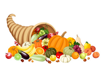 Autumn cornucopia (horn of plenty) with fruits and vegetables. - obrazy, fototapety, plakaty