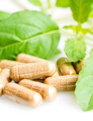 Herb capsule with green herbal leaf