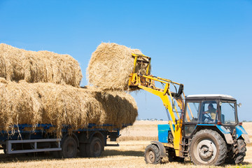 Agriculture works - tractor loading hay bales on truck trailer © Fotolia RAW