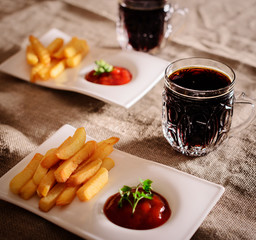 French fries and sauce dish with  kvass