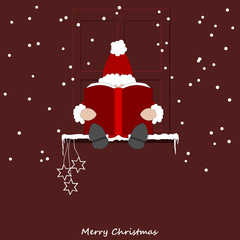 Santa Claus sitting on the window sill and reading a book