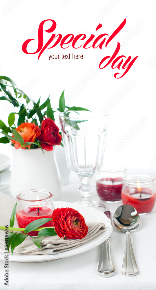 Wall mural table setting with red buttercup flowers