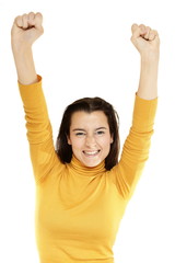 Close-up of a young woman raising her arms