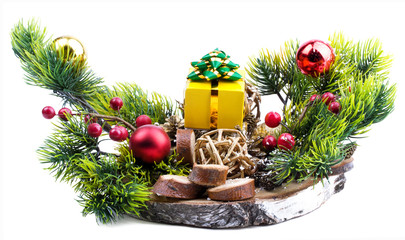 Decorative Christmas Set of tree branches, gift, balls, wood