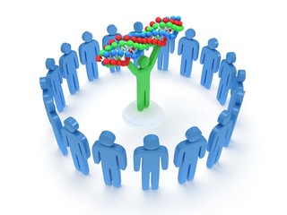 Blue people around green man with DNA chain. 3D.