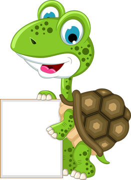 cute turtle cartoon with blank sign