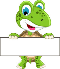 cute turtle cartoon holding blank sign