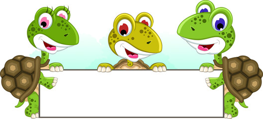 Obraz premium cute turtle cartoon holding balnk sign together
