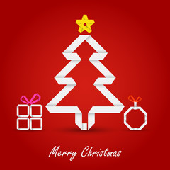 Naklejka na ściany i meble Christmas card with folded paper tree on a red background