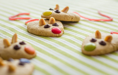 Cookies with mouse shaped and red licorice tail