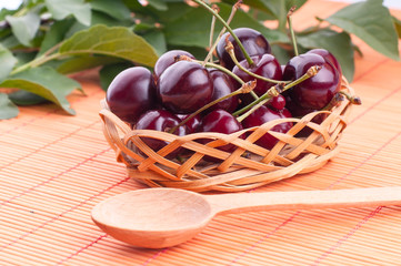 basket of cherries on a wooden stand