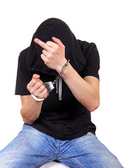 Man in Handcuffs shows Middle Finger