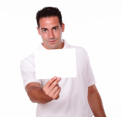Charismatic man holding a blank card