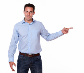 Handsome adult man pointing to his left