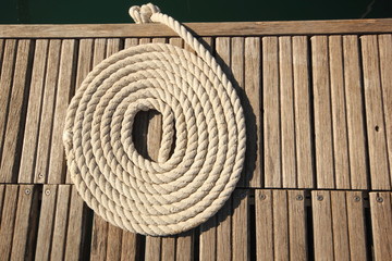 Coiled Rope on wooded pontoon