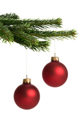 rote Christbaumkugeln am Tannenzweig
