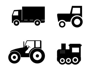 Transports : camion, tracteur, locomotive en 4 icônes