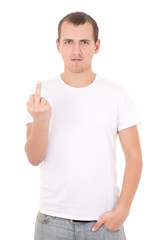 young man showing middle finger isolated on white