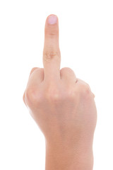 male hand showing middle finger isolated on white
