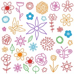 Fototapeta na wymiar Flower set - doodle drawing flowers and butterflies