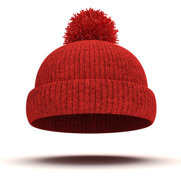 3d red knitted winter cap on white background