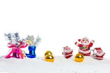 christmas composition with snow and decoration on white backgrou